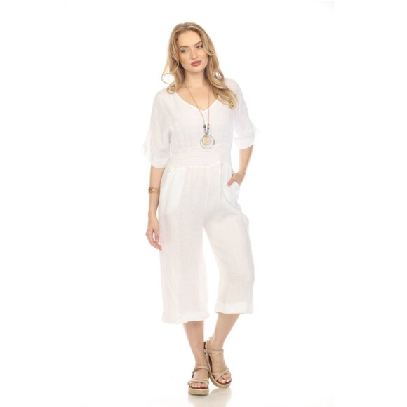 White Half Sleeves Elastic Waist Jumpsuit - Picture 2 of 6